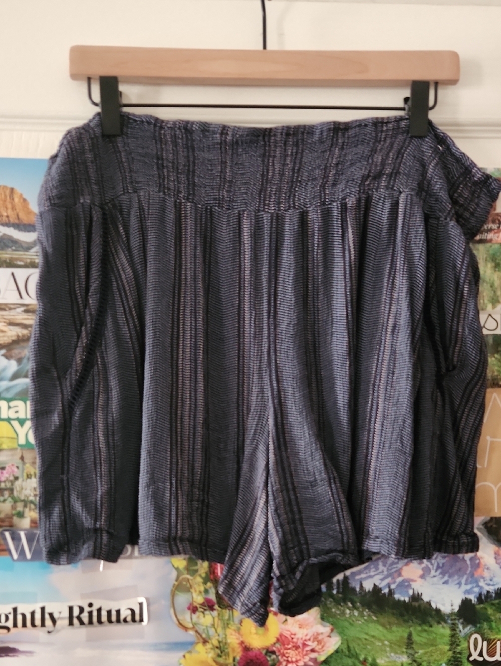 Three Dots Navy Striped High-Waist Shorts